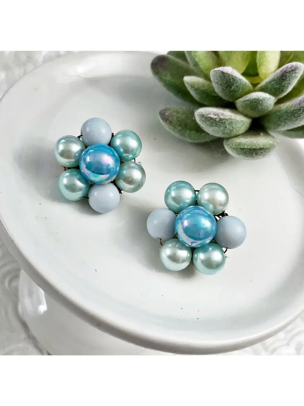 Vintage Mid-Century JAPAN Blue Beaded Cluster Clip Earrings